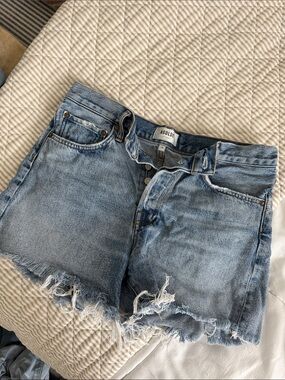 Agolde light blue frayed hem denim shorts